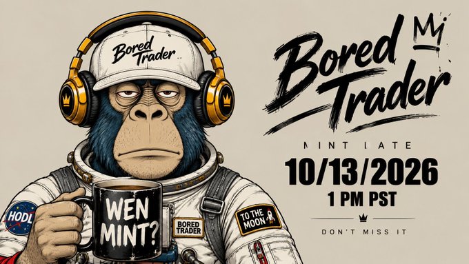 A promotional graphic for a 'Bored Trader' NFT mint, featuring an illustrated monkey in an astronaut suit holding a 'WEN MINT?' mug, with text indicating a date of '10/13/2026' at '1 PM PST'.