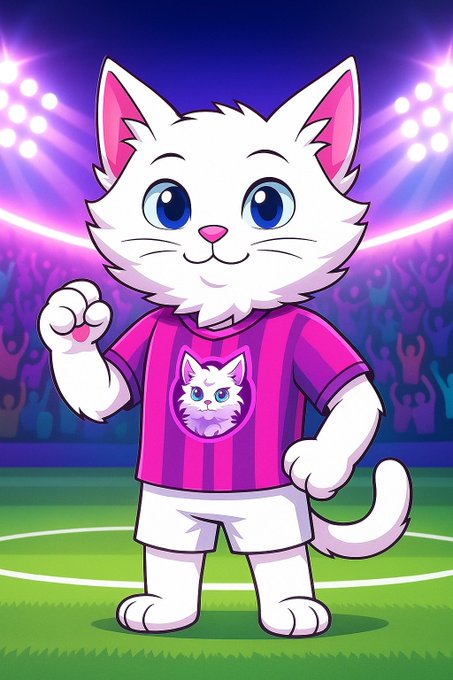 A cartoon illustration of a white cat wearing a pink and purple striped jersey, standing on a soccer field with stadium lights in the background.