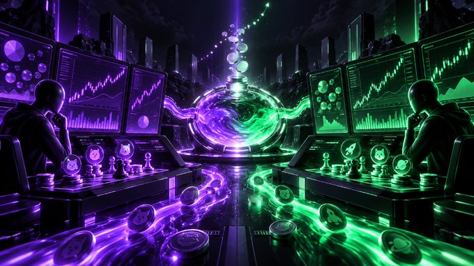 A neon-lit futuristic digital art piece showing two silhouetted figures sitting at control panels with glowing charts and screens.