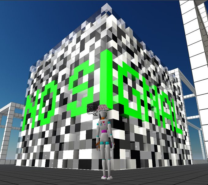 A pixelated avatar character wearing a pink beanie stands before a large black-and-white checkered block displaying the green text "COLDFEAR" in a 3D virtual environment.