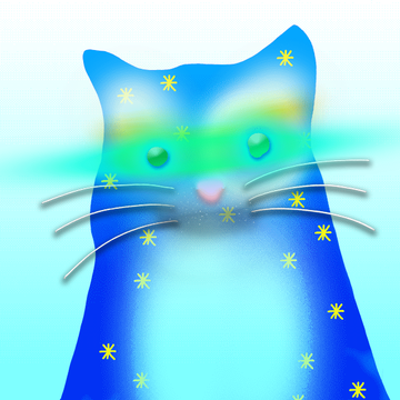 A stylized digital illustration of a blue cat with green eyes, a pink nose, and whiskers, decorated with yellow star shapes against a cyan background.