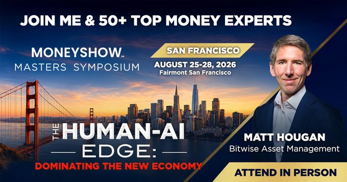 A promotional banner for the 'MONEYSHOW MASTERS SYMPOSIUM' in San Francisco (August 25-28, 2026), featuring Matt Hougan of Bitwise Asset Management and the theme 'THE HUMAN-AI EDGE'.