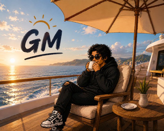 The image features a man sitting on a wooden deck chair, holding a cup of coffee while enjoying the view of the ocean. There are two umbrellas present in the scene - one large umbrella covering most of the background and another smaller one closer to the foreground. The setting appears to be a sunny day at the beach or near the water's edge, with the man sitting under an umbrella on his deck chair.
