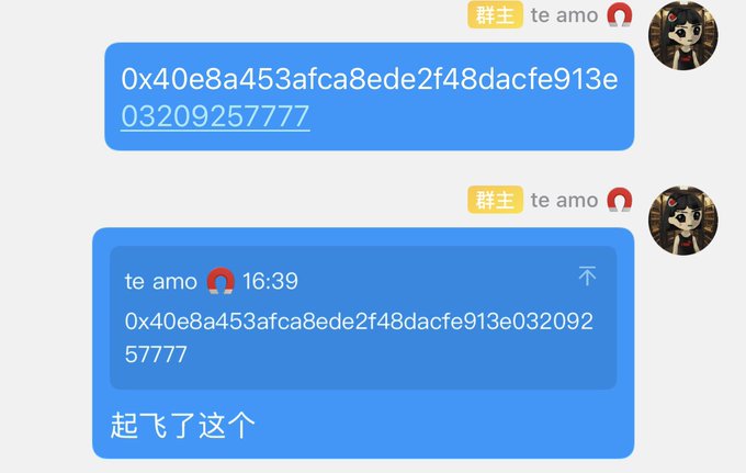 A Telegram chat shows a group owner ("群主 te amo") sharing the contract address "0x40e8a453afca8ede2f48dacfe913e03209257777" twice, confirming they have purchased ("起飞了这个") the deflationary BTC dividend token.