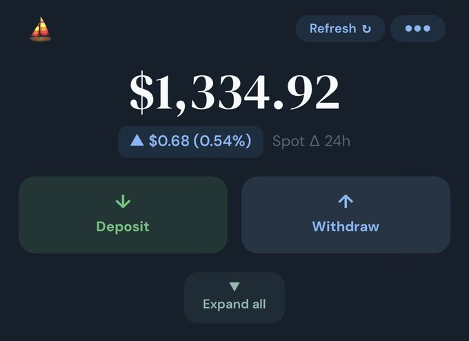 A dark-themed wallet interface displaying a balance of $1,334.92 with a 0.54% (~$0.68) 24-hour spot increase, featuring prominent "Deposit" and "Withdraw" buttons alongside "Refresh" and "Expand all" options. The interface visually represents the kind of frontend that could be built to interact with a Base smart wallet, showing a simple, custody-free dashboard secured by passkey for managing funds.