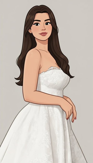 An illustrated digital artwork shows a young woman with long, flowing brown hair wearing a white strapless wedding gown with lace detailing, posed gracefully with one hand on her hip against a plain gray background. The image appears to pair with the "Gm everyone" post as a celebratory morning greeting, possibly hinting at bridal or wedding-related news.
