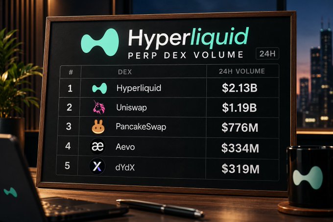 A digital display showing 'Hyperliquid PERP DEX VOLUME' rankings for 24 hours, with Hyperliquid leading at $2.13B, followed by Uniswap ($1.19B), PancakeSwap ($776M), Aevo ($334M), and dYdX ($319M).