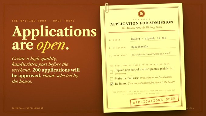 An announcement graphic for "The Waiting Room" by The Mutual Fund, displaying an application form with fields for wallet, X account, and post link.