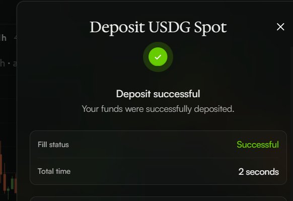 A confirmation modal titled "Deposit USDG Spot" displays a green checkmark indicating a successful deposit, with details showing "Fill status: Successful" and "Total time: 2 seconds." The image illustrates the smooth, quick deposit process on the Arcus platform, reinforcing the post's recommendation to try early crypto products like one built by the dYdX team.