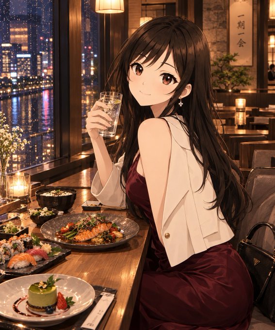 An anime-style illustration of a dark-haired girl in a red dress and white jacket sitting at a restaurant table with a view of a nighttime city skyline, holding a glass of water with various dishes including sushi and dessert in front of her.