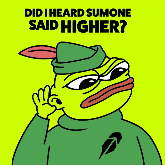 A Pepe the Frog meme wearing a green Robinhood-style cap and shirt with the Robinhood arrow logo, cupping his hand to his ear with the caption "DID I HEARD SUMONE SAID HIGHER?" — fitting the poster's bullish sentiment about buying $PENPE at a "blessed dip" and anticipating higher prices despite jeet sell-offs.