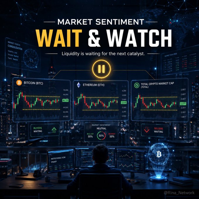 A cryptocurrency infographic titled "MARKET SENTIMENT WAIT & WATCH" displays candlestick charts for Bitcoin (BTC) and Ethereum (ETH) alongside a "Total Crypto Market Cap" indicator, showing a 50/50 bullish/bearish split with buyers and sellers waiting, credited to @Rina_Network.