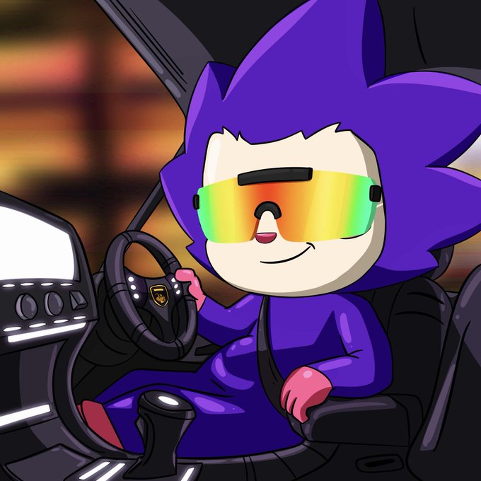 A cartoon purple character with rainbow visor sunglasses driving a Lamborghini, smiling confidently behind the wheel.