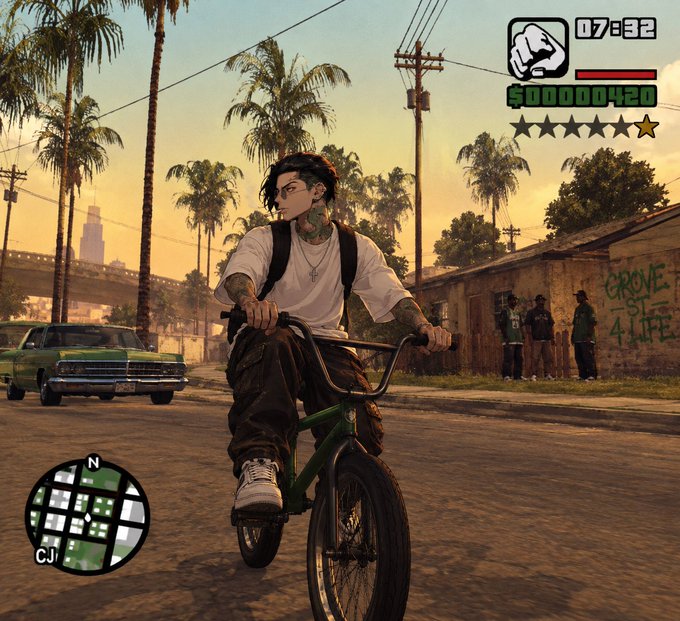 Screenshot from Grand Theft Auto: San Andreas showing a tattooed character with dreadlocks riding a green BMX bike on Grove Street, with HUD elements displaying $00000420, 07:32, and a 5-star wanted level.