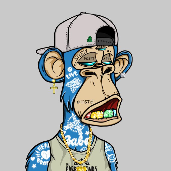 An illustrated NFT-style blue ape character wearing a white cap, gold chains, and grills, covered in text such as 'STEEZY', 'F*CKN APE', 'LIVE', and 'GHOST'.