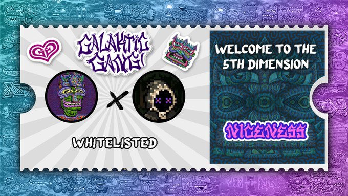 A digital NFT-style artwork celebrating a collaboration between 'Galactic Gails' and 'iblizard', featuring a 'WELCOME TO THE 5TH DIMENSION' ticket and 'WHITELISTED' text.