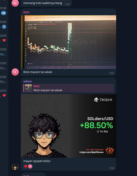 A Telegram chat screenshot showing crypto trading discussions with a chart of RAD token featuring a long upper wick, and a Trojan bot showing SOLdiers/USD +88.50% in 7m 40s.