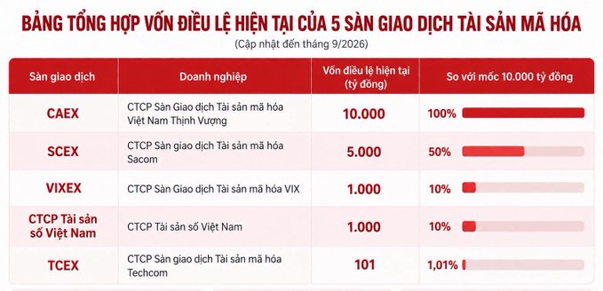 A Vietnamese table titled 'BẢNG TỔNG HỢP VỐN ĐIỀU LỆ HIỆN TẠI CỦA 5 SÀN GIAO DỊCH TÀI SẢN MÃ HÓA' showing charter capital for crypto trading platforms CAEX (10,000 billion VND), SCEX (5,000), VIVEX (1,000), CTCP Tài sản số Việt Nam (1,000), and TCEX (101).
