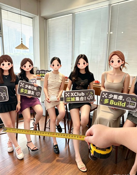 Five women sit side-by-side on stools holding signs reading "XClub 江城集合!" and "少焦虑，多Build," while a tape measure stretches across the floor from someone holding a yellow Stanley FatMax reel—visually capturing the post's message about "building" through diverse industry collisions at the Wuhan XClub gathering.
