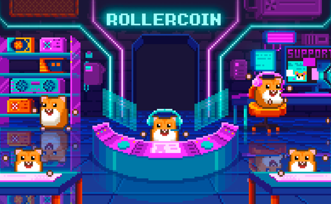 A neon-lit pixel art scene of the "ROLLERCOIN" mining arcade features Shiba Inu mascots DJing at a central console and playing on cabinets, visually capturing the gaming and crypto-mining theme of the post's anniversary promotion offering 7 USDT and 5 free miners to new players.
