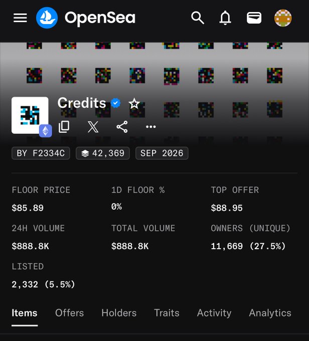 An OpenSea NFT collection page showing 'Credits' with a floor price of $85.89, top offer of $88.95, 24H volume of $888.8K, and 11,669 unique owners.