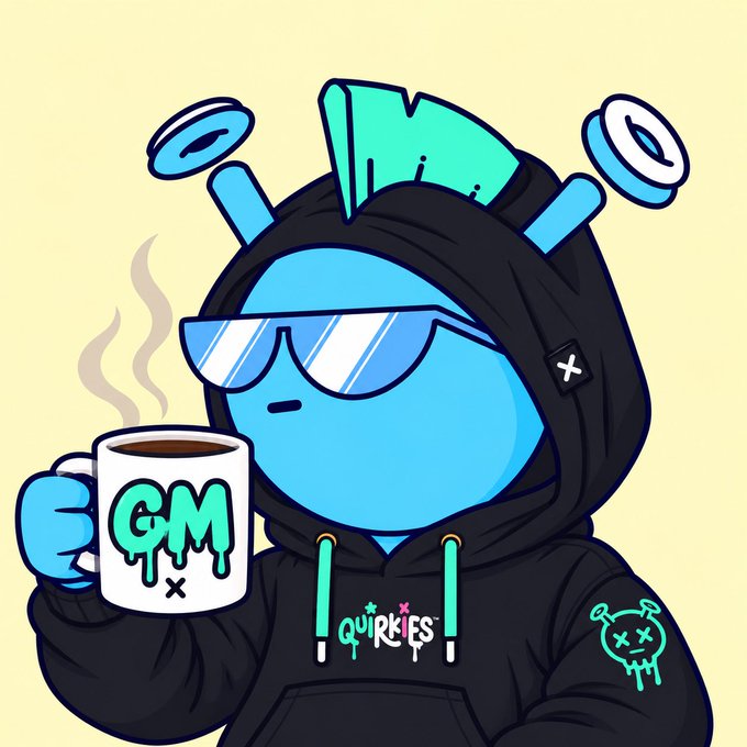 A cartoon NFT-style character, a blue mascot with teal hair and sunglasses wearing a black hoodie labeled 'quirkies,' holding a steaming coffee mug marked 'CM' against a pale yellow background.