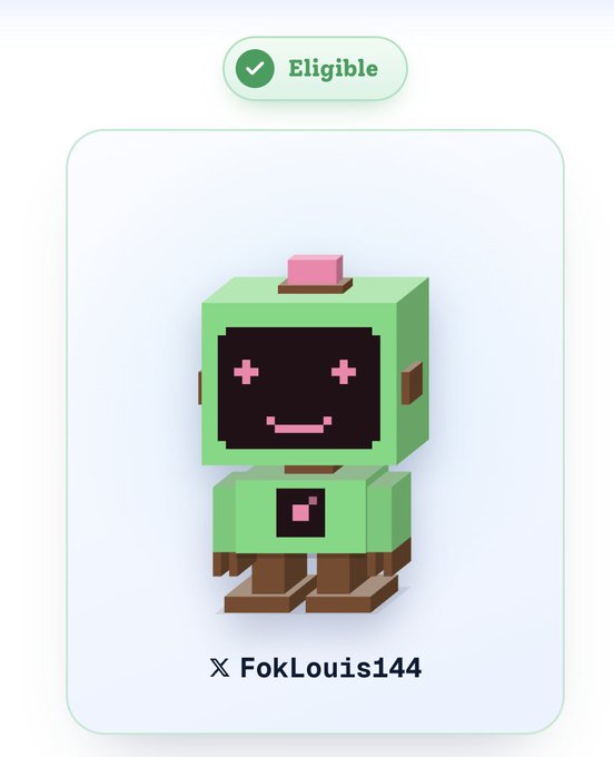 A green pixel-art robot character marked as 'Eligible' with the username 'FokLouis144' displayed below.