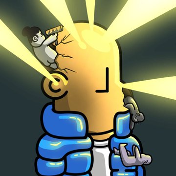 The image features a cartoon character with a blue jacket, wearing a white shirt underneath. The character has a yellow head that appears to be cracked open by rays of light shining down from above. There are also other characters present in the scene, including a person holding a camera and another person holding a microphone. The post is titled "Just completed my submission for the @npconchain art contest Busy irl so I am doing a late submission This npc decided to work instead of doing nth haha I hope this get seen and loved for the team".