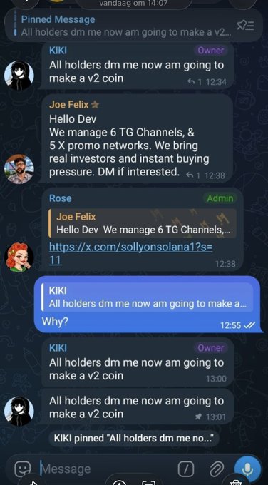 A Telegram group chat screenshot with a pinned message from 'KIKI' stating 'All holders dm me now am going to make a v2 coin', and promotional messages from 'Joe Felix' about managing 6 TG Channels and 5 X promo networks.