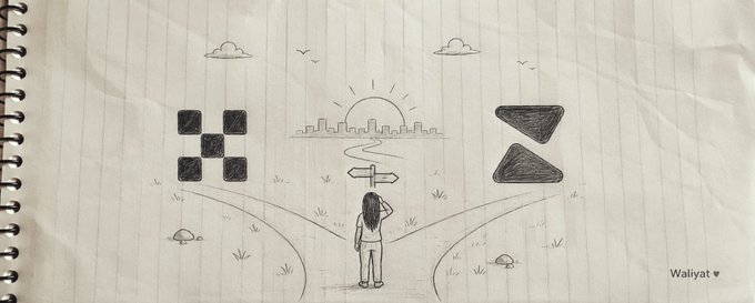 The image is a doodle on lined notebook paper showing a figure standing at a crossroads facing two paths, with one side depicting the HackerEarth logo (black squares) and the other the OKX logo (black triangles), and "Waliyat ♥" written in the corner. The illustration represents the poster's dilemma of choosing between Zerion and OKX wallet, with the figure symbolizing their uncertainty as they weigh which option to take.