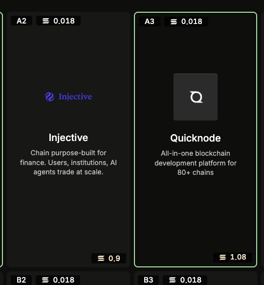 A dark-themed user interface menu comparing blockchain services, showing a card for 'Injective' described as 'Chain purpose-built for finance' with a score of 0.9, and a highlighted card for 'Quicknode' described as an 'All-in-one blockchain development platform' with a score of 1.08.