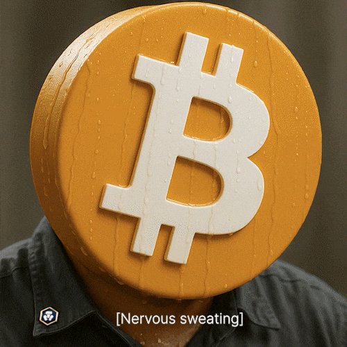 A figure with a Bitcoin logo for a head appears to be nervously sweating while wearing a dark shirt, with the caption "[Nervous sweating]" displayed below.