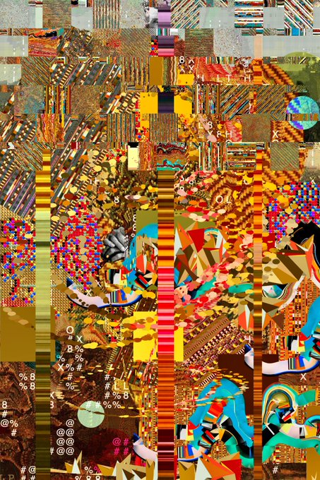 A glitchy, pixelated artwork featuring patterns, percentages, and symbols overlaid on abstract figures and faces, with recurring '@#%' and 'X' characters visible in the lower left.