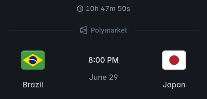 A Polymarket betting screen shows a countdown of 10 hours, 47 minutes, and 50 seconds until the Brazil vs Japan match at 8:00 PM on June 29, directly accompanying the post's call for predictions on the upcoming game.