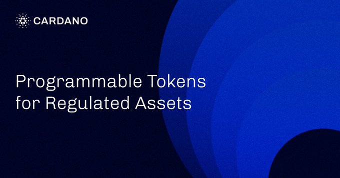 A CARDANO branded slide with text reading 'Programmable Tokens for Regulated Assets' on a blue background.