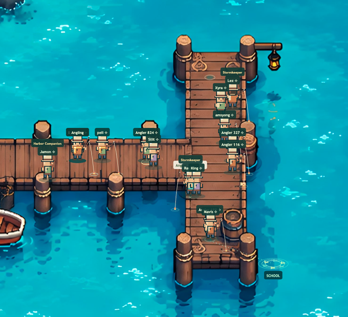 A screenshot of a pixel art fishing game showing multiple characters with name tags (e.g., 'Stormkeeper', 'Kyra', 'Harbor Companion', 'Stit', 'Angler') standing on wooden docks over bright blue water.