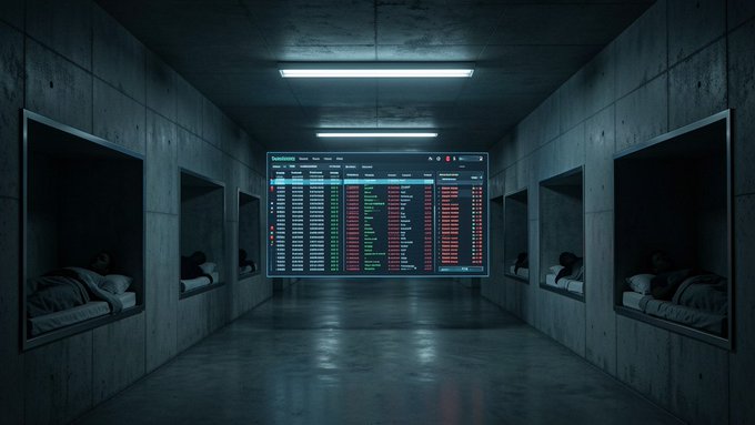A dark, dystopian hallway lined with concrete bunk rooms on either side, with people lying in beds and a large glowing data dashboard screen at the far end.