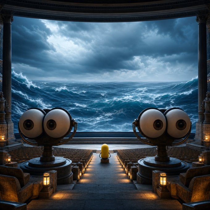 An ancient theater faces a stormy, towering sea beneath a dramatic, cloudy sky, with two giant eye-like sculptures flanking a glowing figure on stage. The grand, cinematic IMAX-style scene perfectly mirrors the post's joke about peripheral vision being thrust into a starring, overwhelming role.