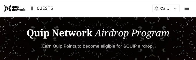 Webpage banner for "Quip Network Airdrop Program" reading "Earn Quip Points to become eligible for $QUIP airdrop," with navigation tabs for QUESTS and a user profile menu.