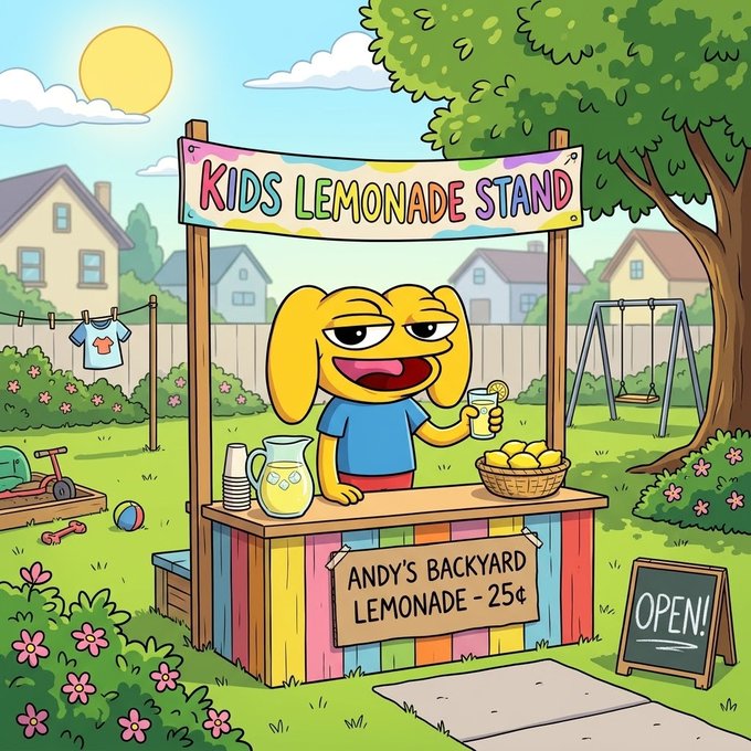 A bright cartoon "Kids Lemonade Stand" sign hangs over a cheerful dog vendor offering "Andy's Backyard Lemonade - 25¢" at a colorful backyard stand marked "OPEN!" — the wholesome, sunny scene perfectly captures the simple, innocent charm that restores faith in humanity.