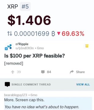 A post on the r/Ripple subreddit shows XRP trading at $1.406 (down 69.63%), featuring a comment asking "Is $100 per XRP feasible?" with another user replying, "More. Screen cap this. You have no idea what's about to happen," echoing the caption's optimistic sentiment that such a price surge is possible.