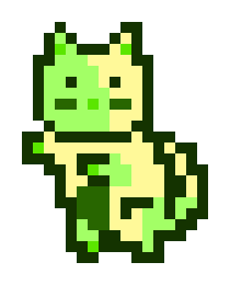 Pixel art of a green baby dinosaur with small horns, similar to a triceratops, in a seated pose.