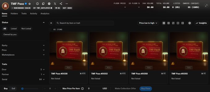 A screenshot of a digital marketplace interface for 'TMF Pass' NFTs, showing listings with floor prices and various NFT items displayed with a verified badge for 'THE_MEMEPAD'.