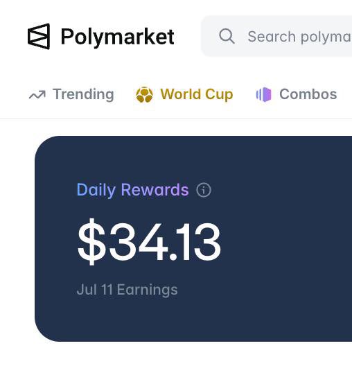 A screenshot from the Polymarket website showing a 'Daily Rewards' earnings of $34.13 for July 11.