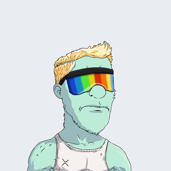 An illustration of a zombie-like character with green skin, blonde hair, and a beard, wearing a white tank top with an 'X' stitched on it and rainbow-colored sunglasses.
