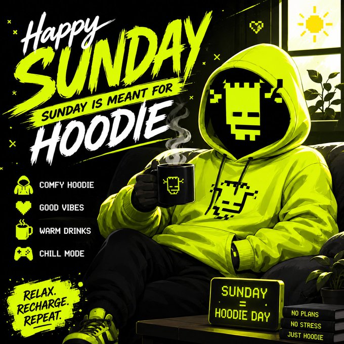 A neon green graphic promoting 'HAPPY SUNDAY - SUNDAY IS MEANT FOR HOODIE,' featuring a pixelated hooded figure holding a steaming mug and listing items like 'COMFY HOODIE' and 'WARM DRINKS.'