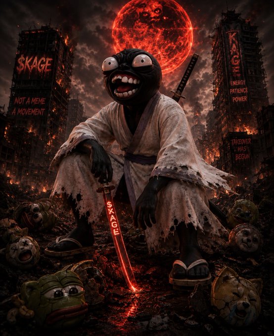 A dramatic, dark fantasy-style image featuring a samurai Pepe the Frog character holding a glowing red 'SKAGE' sword, surrounded by ruined buildings with text including 'SKAGE', 'KAAGH', and 'NOT A MEME A MOVEMENT'.