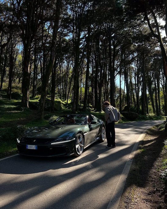 Person with a backpack standing next to a dark green sports car parked on a tree-lined road.