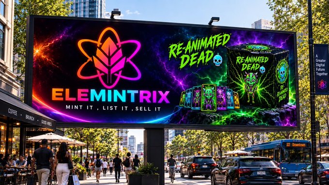 A large outdoor billboard advertises 'ELEMINTTRIX' with the tagline 'MINT IT, LIST IT, SELL IT' alongside 'RE-ANIMATED DEAD' merchandise, displayed on a busy city street.