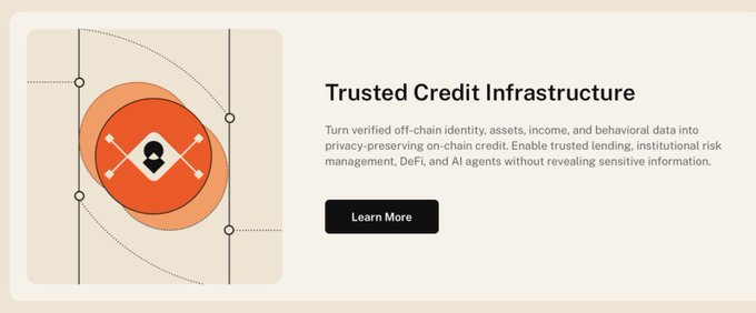 Web banner for 'Trusted Credit Infrastructure' explaining how to convert verified off-chain identity, assets, income, and behavioral data into privacy-preserving on-chain credit for trusted lending and DeFi/AI agents.
